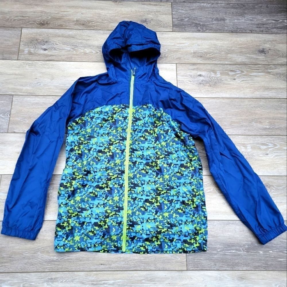 Lands End Boys Hooded Jacket Blue Green Geometric Full Zip Front